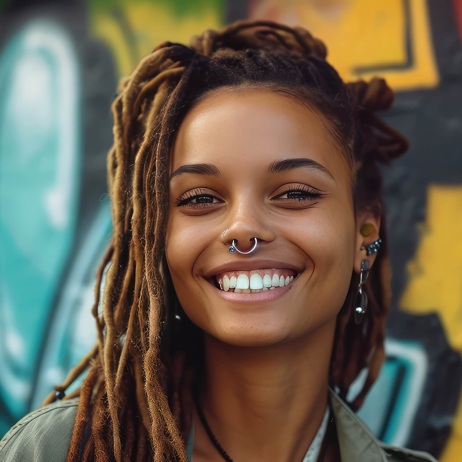 Happy Young African woman with Piericngs