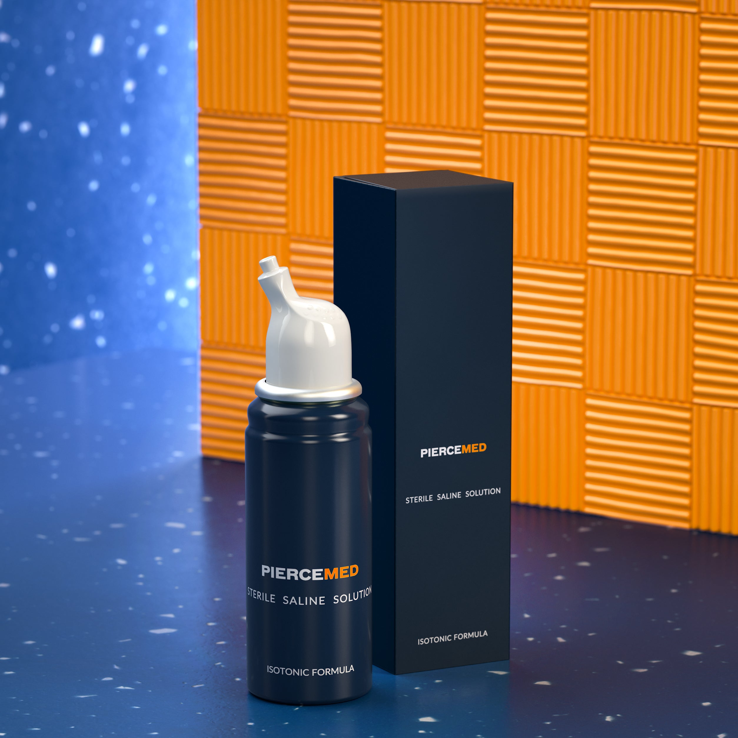 Product image of a bottle of PIERCEMED piercing aftercare at the side of the box with blue and orange background