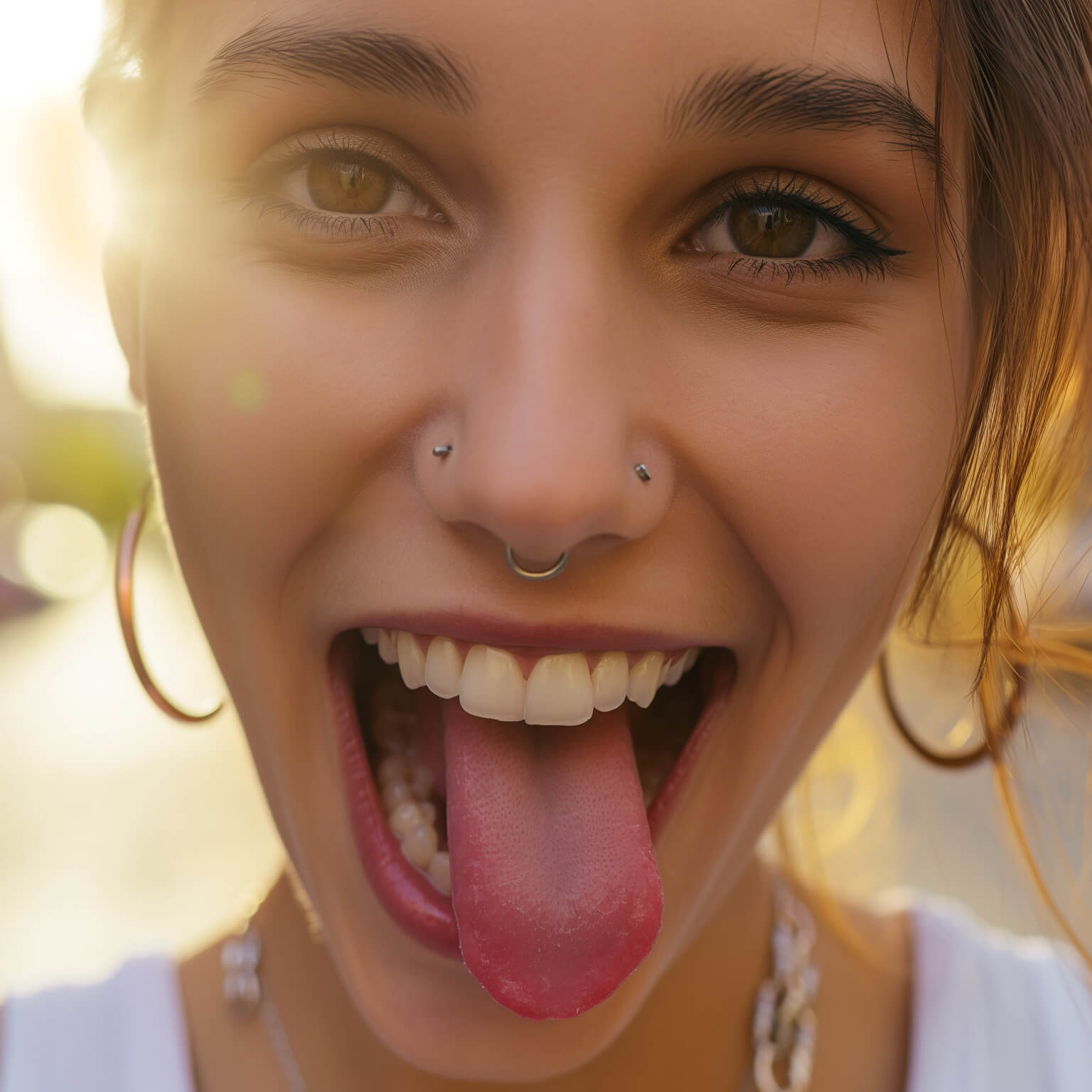 Happy woman with septum and nostril piercings sticking tongue out