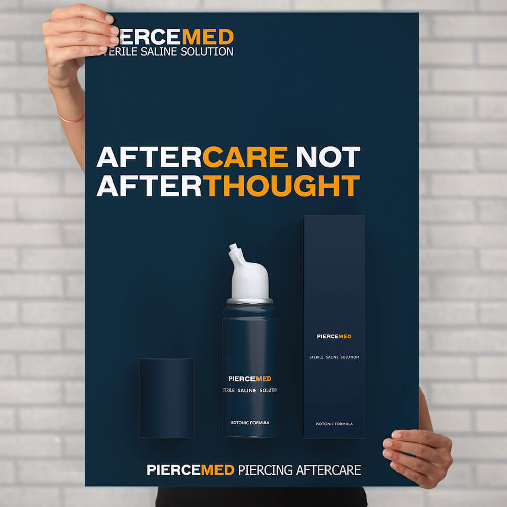Woman holding a poster advertising PIERCEMED wholesale piercing aftercare