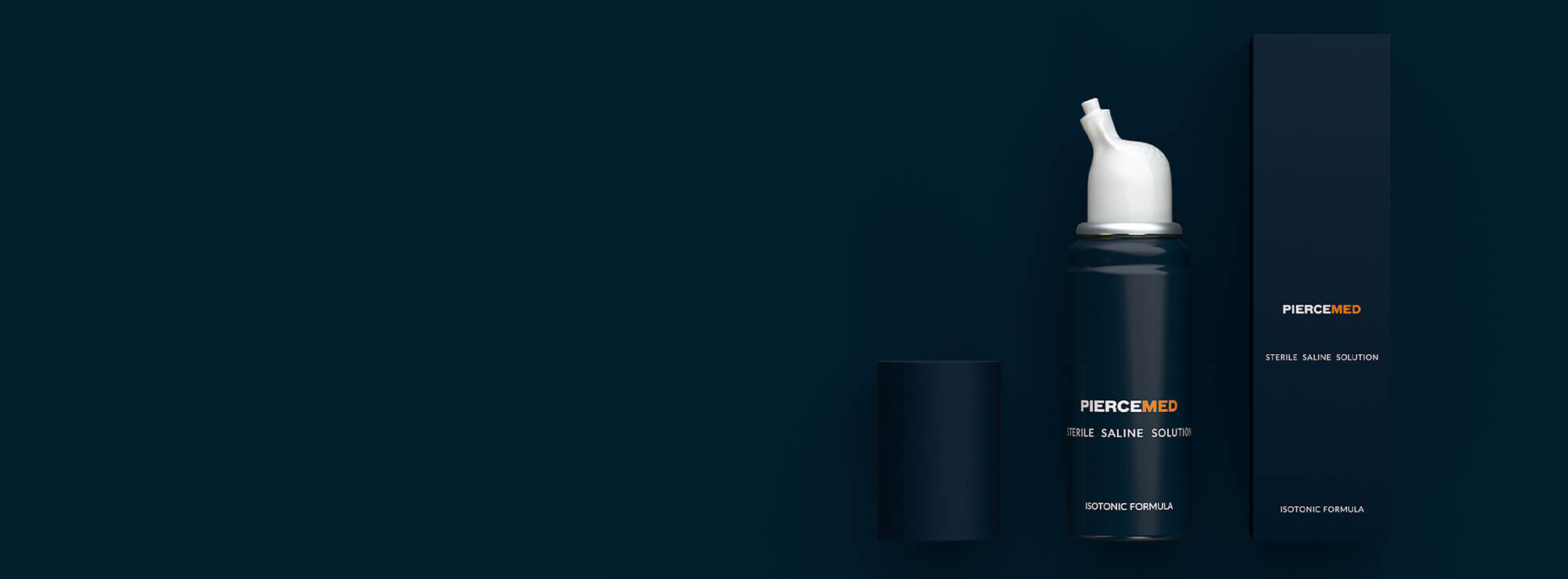 Desktop hero image showing PIERCEMED box, bottle and lid on dark blue background